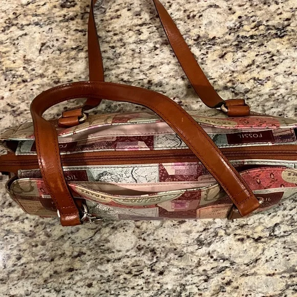 Fossil Vintage Travel Print Satchel Shoulder Bag Brown Leather Handles Cream - Picture 2 of 16